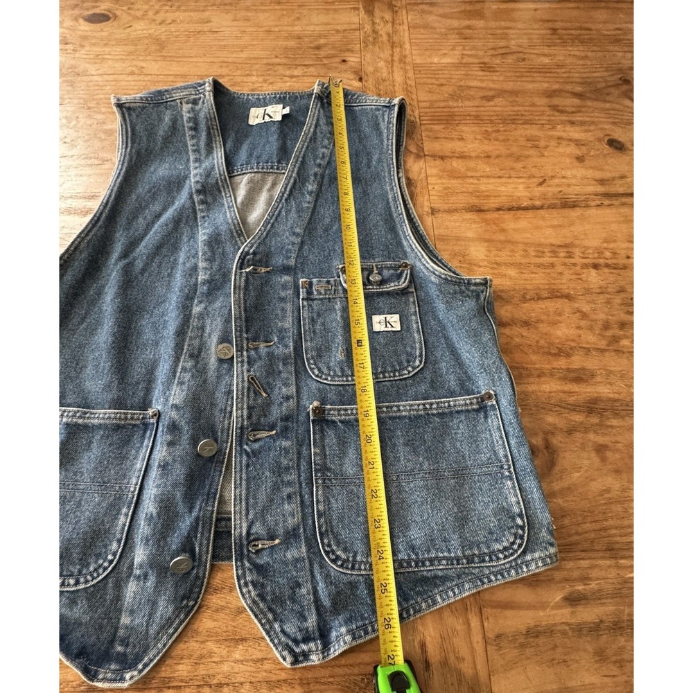 90s Calvin Klein CK Jeans Denim Button Vest Unisex Leather Patch Sz L Vintage - Picture 7 of 8